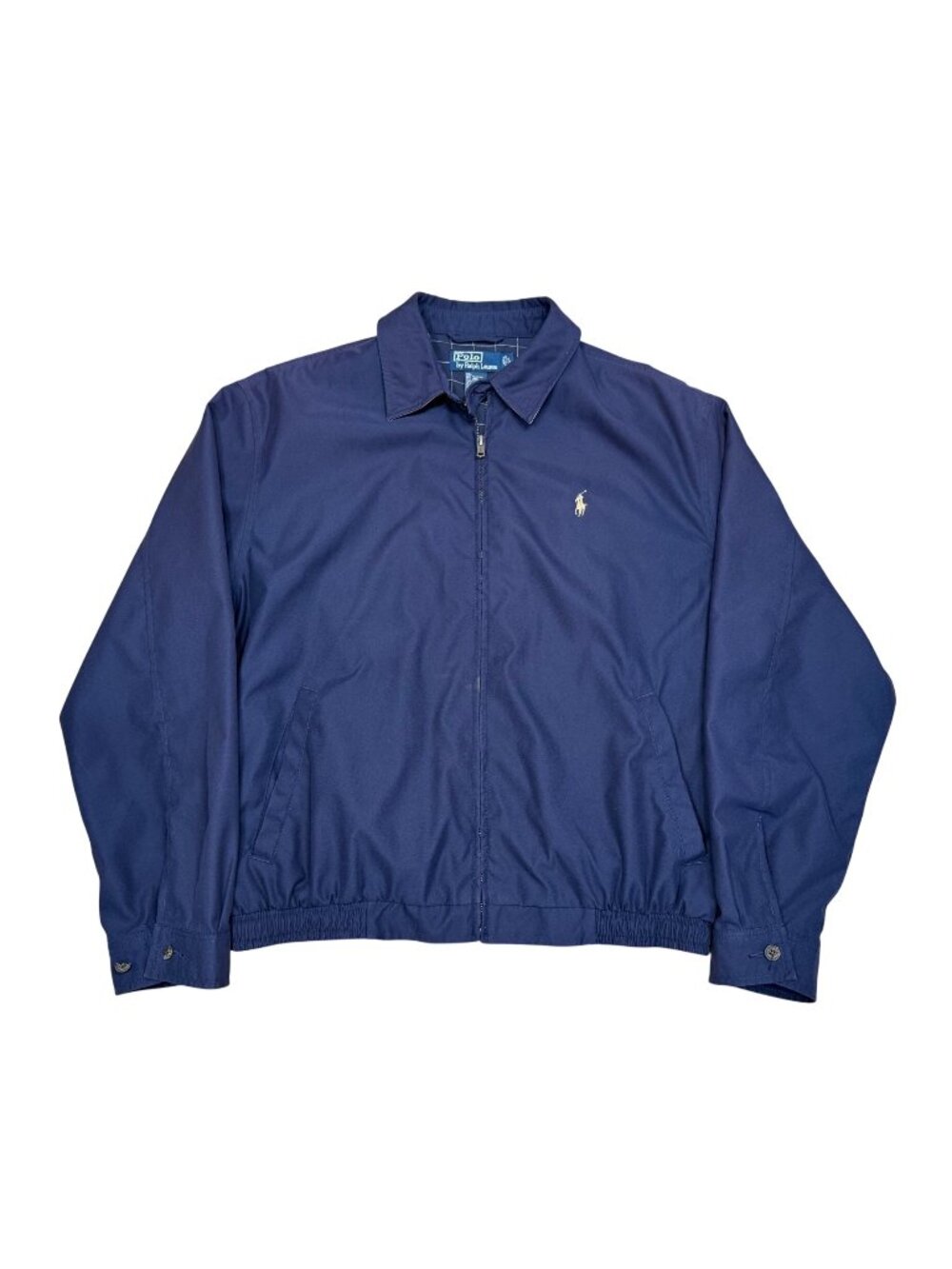 90s Polo Ralph Lauren Mens Navy Blue Harrington Bomber Jacket Plaid Lined Large